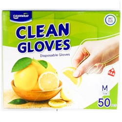 Clean wrap Перчатки одноразовые полиэтиленовые (тонкие, размер М) 22,5 х 28 см, 50 шт. / 50