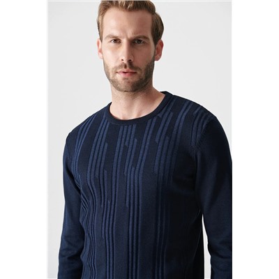 Мужской темно-синий жаккардовый свитер с круглым вырезом A12y5006