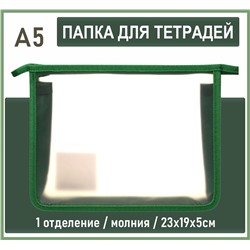 Папка для тетрадей А5 23х19х5 см молния ,пластик зеленая Creativiki