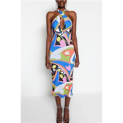 Разноцветное вязаное элегантное вечернее платье с окном/вырезом и детальным принтом TPRSS23EL00157