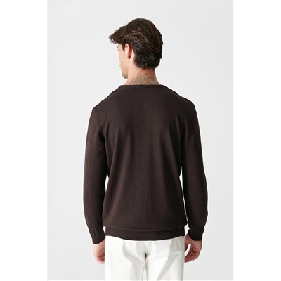 Мужской коричневый жаккардовый свитер с круглым вырезом A12y5208