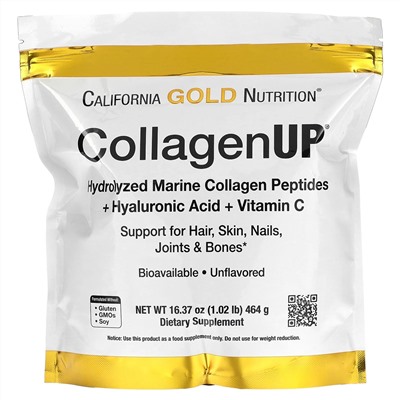 California Gold Nutrition, CollagenUP, гидролизованные пептиды морского коллагена с гиалуроновой кислотой и витаминомC, с нейтральным вкусом, 464г (16,37унции)