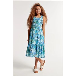 Abercrombie & Fitch Blue Floral Frill Sleeve Tiered Maxi Dress