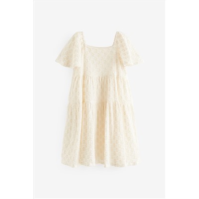 Ecru White Jersey Textured Angel Sleeve Dress (3-16yrs)