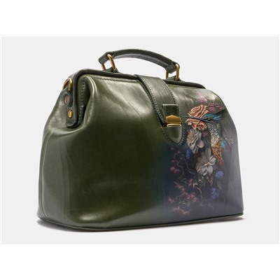 Зелёная кожаная сумка с росписью из натуральной кожи «W0023 Green Сказочная птица»