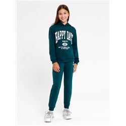 Комплект для девочек (худи, брюки) в зеленом оттенке с печатью