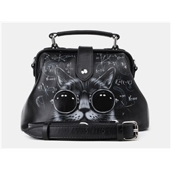 Черная кожаная сумка с росписью из натуральной кожи «W0013 Black ZM Кот в очках»