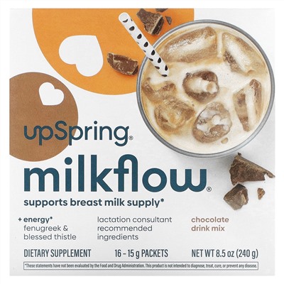 UpSpring, Milkflow, смесь для приготовления напитка, с шоколадным вкусом, 16пакетиков по 15г