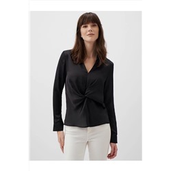 Черная стильная атласная блузка с высоким воротником и длинными рукавами