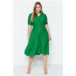 Зеленое тканое платье с эластичной талией и пуговицами TBBSS22EL1563