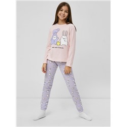 Хлопковый комплект для девочек (розовый лонгслив и сиреневые брюки) с принтом
