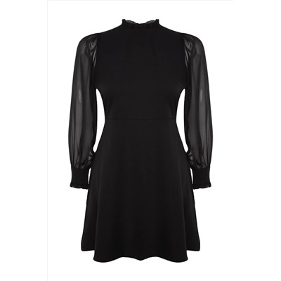 Черное тканое платье А-силуэта с высоким воротником TBBAW24AH00049