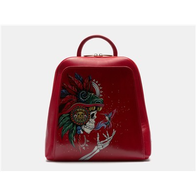 Красный кожаный рюкзак с росписью из натуральной кожи «R0023 Red Череп Мексика»