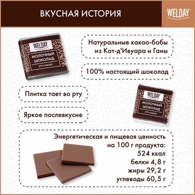 Шоколад порционный WELDAY "Молочный 27%", 800 г (160 плиток по 5 г), пакет, 622406