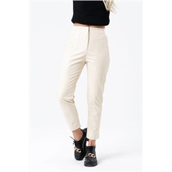 23076-Женские эластичные кожаные брюки с высокой талией - экрю
