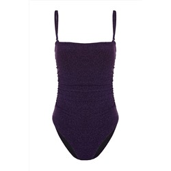 Фиолетовый купальник без бретелек с драпировкой и блестками для высоких ног TBESS23MA00406