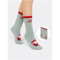 Мультипак высоких детских носков (3 пары) в оттенке "эвкалипт" с новогодними рисунками