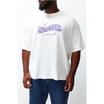 Удобная футболка Oversize цвета унисекс цвета экрю большого размера из 100% хлопка с принтом для пар TMNSS24BF00049
