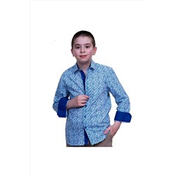 Синяя маленькая детская рубашка с узором пейсли и воротником с рукавами KG1034