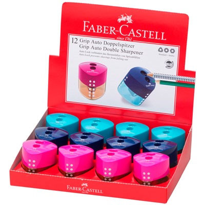 Точилка пластиковая Faber-Castell "Grip Auto Mini", 2 отверстия, контейнер, розов./оранж., бирюзов.