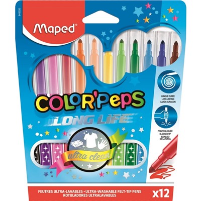 Фломастеры Maped COLOR'PEPS LONG LIFE,3хгр.пиш.узел,смываем,12цв/наб,845020