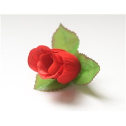 Искусственные цветы, Голова бутона розы бархатная с листом для ветки, венка красный