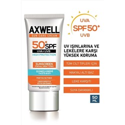 AXWELL Spf 50+ Leke Karşıtı Nemlendirici Yüksek Koruma Güneş Kremi 50 ml SUN003