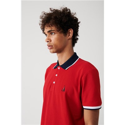 Красная футболка с воротником поло, 100% хлопок, стандартный крой с морским принтом