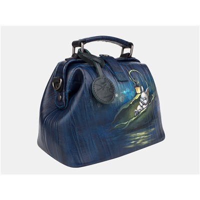 Синяя кожаная сумка с росписью из натуральной кожи «W0013 Blue Black Зайка в кувшине»