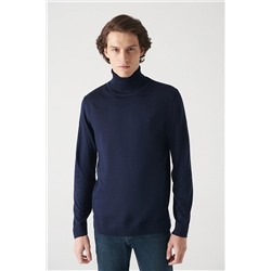 Мужской темно-синий вязаный свитер стандартного кроя с полным воротником и воротником из смесовой шерсти E005014