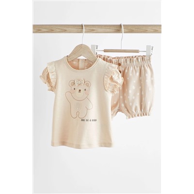 Cream Bear Baby Top and Shorts 2 Piece Set