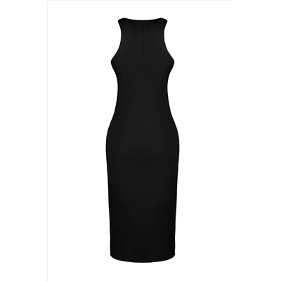 Черное приталенное тканое платье миди с бретелькой на шее TWOSS23EL00611