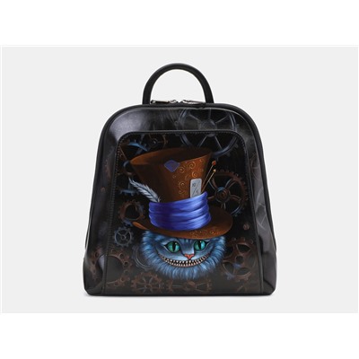 Черный кожаный рюкзак с росписью из натуральной кожи «R0023 Black Чешир и механизмы»