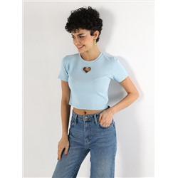 Синяя женская футболка с коротким рукавом Slim Fit с круглым вырезом и принтом