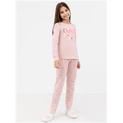 Хлопковый комплект (лонгслив и брюки) розового цвета с мордочкой лисы для девочек