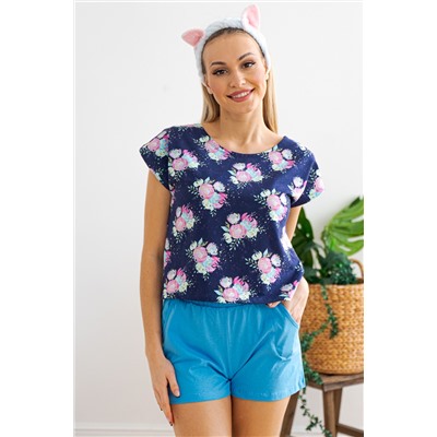 Комплект женский из футболки со спущенным плечом и шорт Fairy-tale цветы на темно-синем