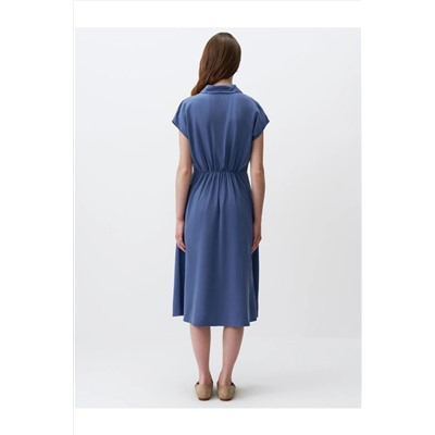 Пыльно-синее платье миди без рукавов с рубашечным воротником