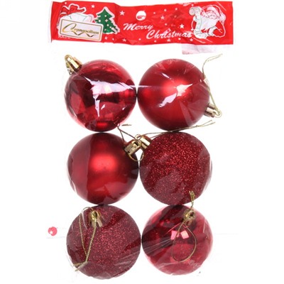 Новогодние шары 6 см (набор 6 шт) "Микс фактур", Красный (пакет)