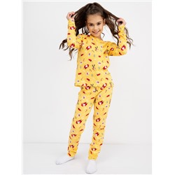 Хлопковая пижама для девочек (лонглсив и брюки) в цвете "золотистый" с новогодним принтом