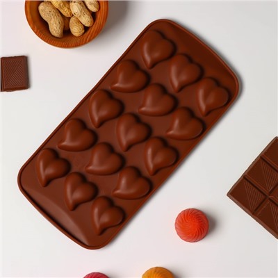 Форма для шоколада Доляна «Сердца», силикон, 21,5×10,5×1,8 см, 15 ячеек (3×3 см), цвет коричневый
