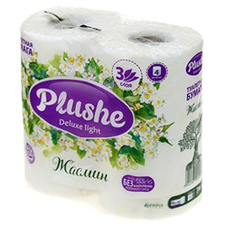 Туалетная бумага 3-х слойная "Plushe Delux Light Жасмин" 15м, 4 рулона, ароматизированная, бело-желтое (Россия)