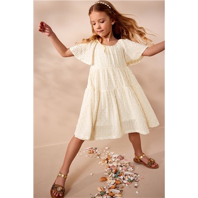 Ecru White Jersey Textured Angel Sleeve Dress (3-16yrs)