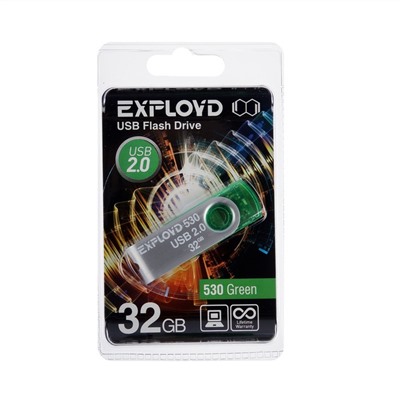 Флешка Exployd 530, 32 Гб, USB2.0, чт до 15 Мб/с, зап до 8 Мб/с, зелёная