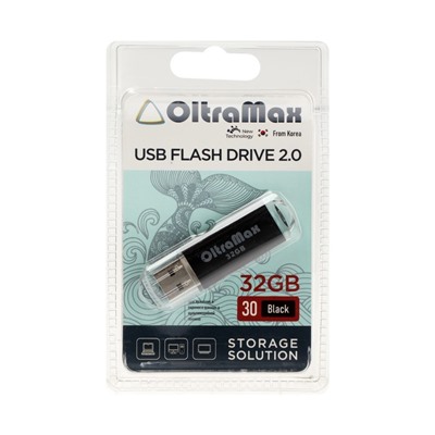 Флешка OltraMax 30, 32 Гб, USB2.0, чт до 15 Мб/с, зап до 8 Мб/с, чёрная