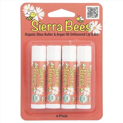 Sierra Bees, Органические бальзамы для губ, масло ши и аргановое масло, 4 штуки в упаковке весом 0,15 унции (4,25 г) каждая