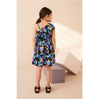 Black Print One-Shoulder Dress (3-16yrs)