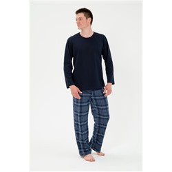 Пижама мужская из футболки с длинным рукавом и брюк из кулирки Генри темно-синяя клетка макс