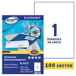 Этикетка самоклеящаяся 210х297 мм, 1 этикетка, белая, 70 г/м2, 100 л., Avery, Европа-100, ELA027