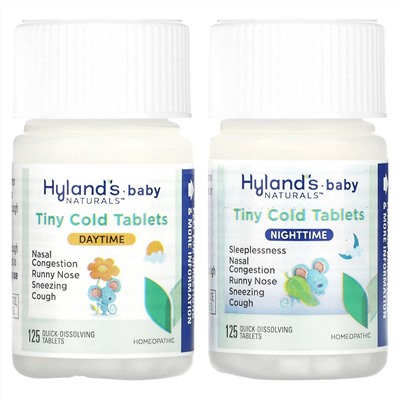 Hyland's Naturals, Для детей, комбо-упаковка в крошечных таблетках от простуды, для дневного и вечернего приема, для детей от 6 месяцев, 2 флакона, по 125 быстрорастворимых таблеток