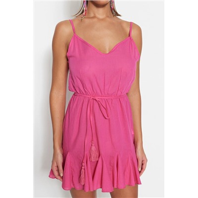 Мини-пляжное платье цвета фуксии из 100% хлопка с поясом и поясом TBESS21EL3302